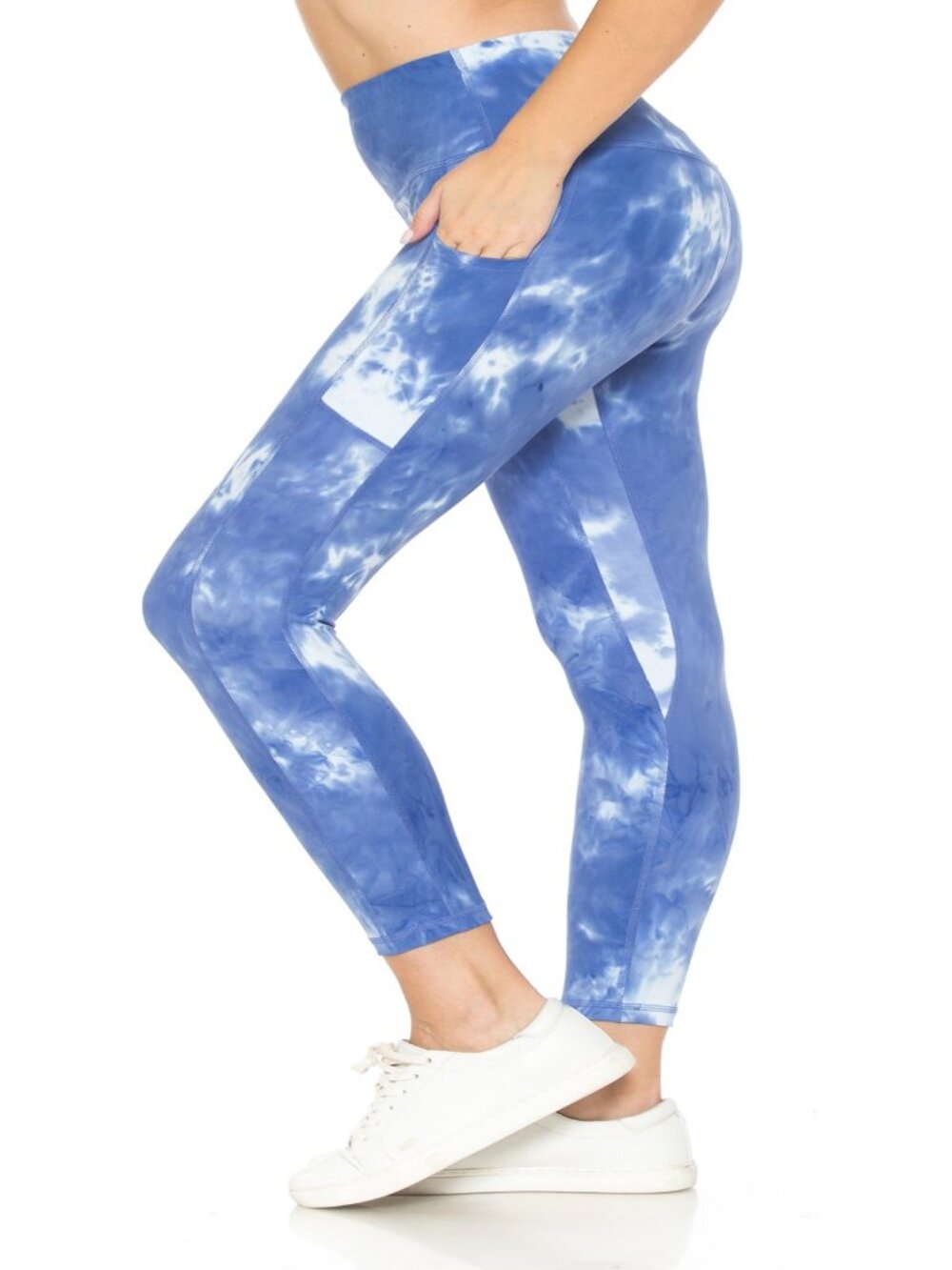 Women Premium 240GSM 7/8 Length Leggings w/Pockets Tie Dye Blue/White S-XL